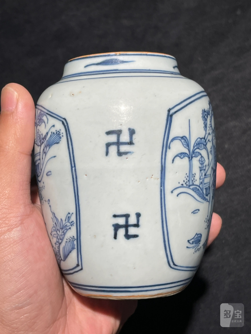 明晚期 青花铁线描高官厚禄纹小罐 - 图3